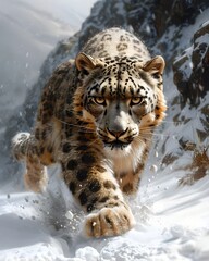 Stealthy Snow Leopard Prowling in Rugged Alpine Landscape
