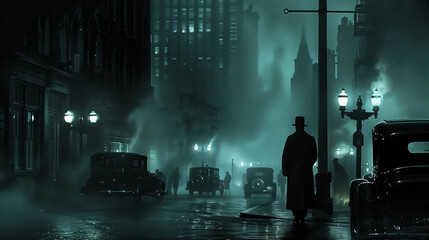 a classic detective scene, with a noir aesthetic, shadowy figure