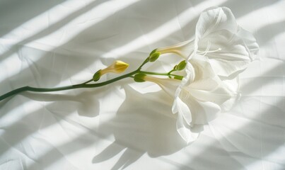 A delicate freesia bloom on a clean white backdrop, casting a soft shadow