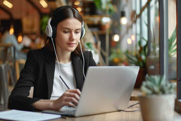 Commercial photo of focused young smart business woman wear headphones while learning language by watching webinar on laptop and write notes during online courses lessons