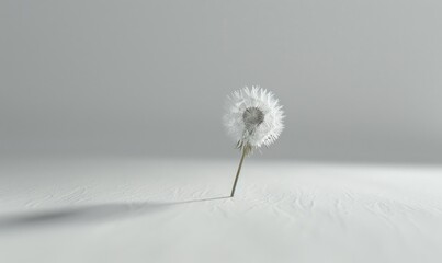 A delicate white dandelion contrasting with a white surface