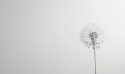 A pristine white dandelion gently swaying against a clean white backdrop