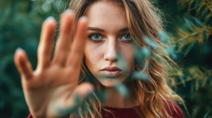 Naklejka premium Beautiful young blonde woman on the street showing Defense of stop gesture with her palm