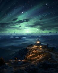 Astronomical observatory in the mountains at night. 3D rendering