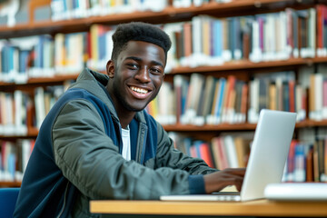 commercial photo of young international smiling male guy student doing homework task on laptop in college or university library, doing researches and write notes for online lessons