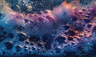 Colored water and foam bubbles, violet abstract background