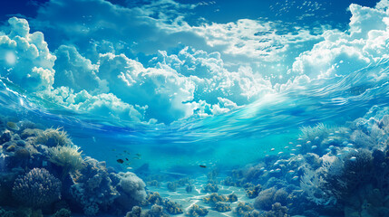 Vibrant underwater seascape with a dynamic surface wave, showing a rich coral reef beneath clear, sunny skies.