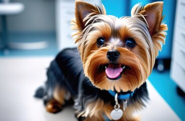 Fototapeta premium Yorkshire terrier lies on a table in a veterinary clinic. A blue collar with a silver pendant. There is furniture in the background, daylight from the window