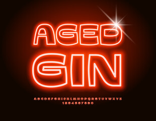 Vector neon advertisement Aged Gin. Unique Glowing Font. Trendy Electric Alphabet Letters and Numbers set.