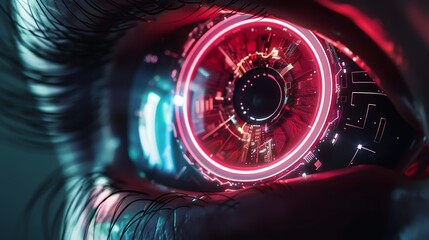 Futuristic virtual digital eye technology reflect in human eye.