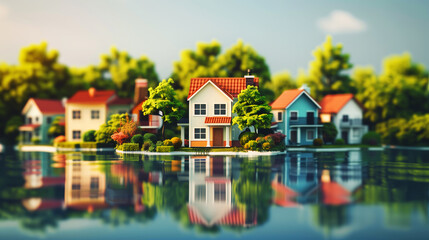 A picturesque scene of colorful suburban houses reflected in a tranquil body of water, surrounded by lush greenery.