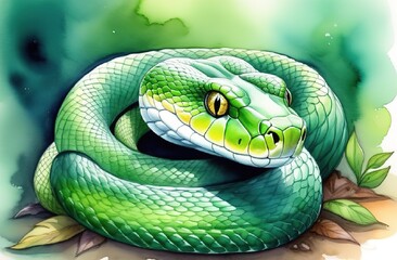 Fototapeta premium A green snake lies curled up on a green background. The background is blurred, the paint has spread