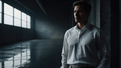 Fototapeta premium a man standing in a dark room in a white shirt