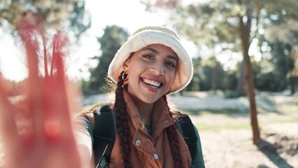 Camping, face and woman with video call pov in forest for travel, fun and adventure in nature. Selfie, portrait and girl influencer in park live streaming to social media, blog or online audience