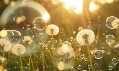 Dandelions and soap bubbles in the air