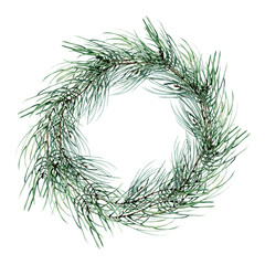 Christmas traditonal floral wreath with evergreen pine branches for new year greeting card, packing, decoration design. HAnd drawn botanical frame , minimalism style. Winter party home decor. Poster