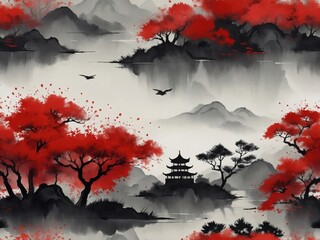 Discover simplicity's elegance, in a Chinese ink painting of red landscapes and trees on textured paper, reflecting Asian and Japanese design.