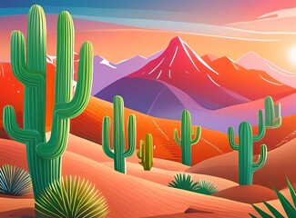 Desert landscape with cactuses and mountains in cartoon style. Design element for poster.