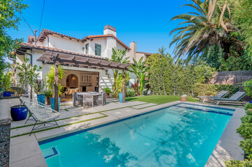 Fototapeta na wymiar Exterior shot of a luxury Spanish-style home in Hollywood, California.