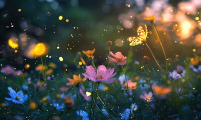 Fireflies dancing among the flowers