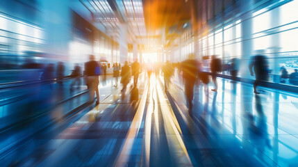 Blurred motion of busy people walking in a modern sunlit terminal with reflective floors. - Powered by Adobe
