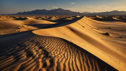 sand dunes in the desert with mountains in the background