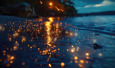 Fireflies flickering in the darkness as sea fireflies glow beneath the waves