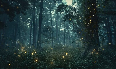 Obraz premium Fireflies glowing in the forest, enchanting nature background