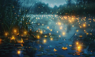 Fireflies illuminating a garden while fireflies light up the underwater world