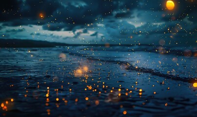 Sea fireflies flickering in the darkness of the ocean