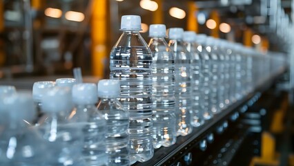 Automation on factory assembly line boosts efficiency and speed in producing plastic bottles. Concept Factory Automation, Assembly Line Efficiency, Plastic Bottle Production, Speedy Manufacturing