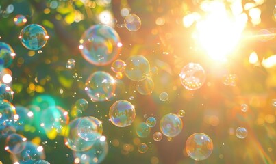Soap bubbles cascading in the sunshine, sparkling abstract background