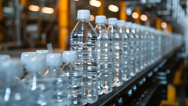 Automation on factory assembly line boosts efficiency and speed in producing plastic bottles. Concept Factory Automation, Assembly Line Efficiency, Plastic Bottle Production, Speedy Manufacturing
