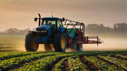 Agricultural machinery: modern tractor spraying crops in misty field at early morning