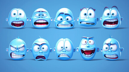 A collection of ten cartoon faces showing various exaggerated expressions on a blue background.