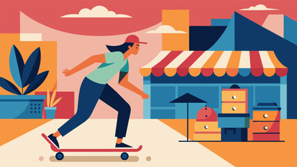 A lone skater gliding gracefully past a bustling marketplace the sound of their wheels echoing through the busy streets.. Vector illustration