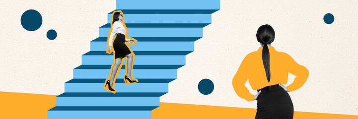 Panorama composite creative photo collage of successful confident businesswoman climb up career ladder isolated on painted background - Powered by Adobe