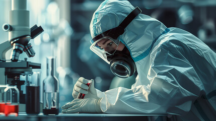 Professional scientist In protective gear testing samples in a lab