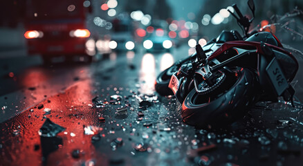 Closeup of a motorcycle accident on the road, with broken and shattered glass in front of an ambulance with flashing lights in the background at night time on wet asphalt