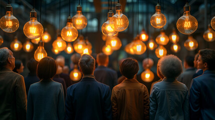 group of people against the background of burning light bulbs. City holiday. Brainstorming,...