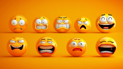 A collection of nine 3D emoticon faces exhibiting various emotions on a bright orange background.