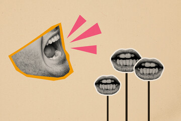Composite creative illustration sketch photo collage of angry bossy man mouth loudly scream on...