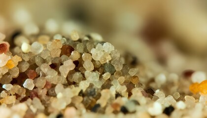 A close-up macro lens image capturing the detailed textures of sand grains on a beach in high resolution, with natural patterns and colors highlighted. - obrazy, fototapety, plakaty