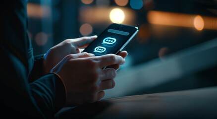 Person is holding a phone with a chat app open, chatting on mobile concept