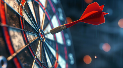 Naklejka premium Close-up shot of a red dart hitting the bullseye on a dartboard with a blurred background.