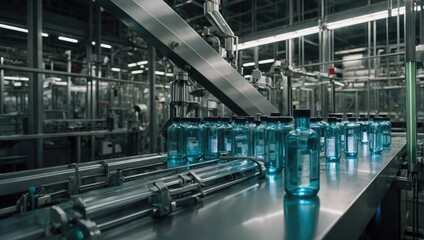 Naklejka premium bottles of water are lined up on a conveyor belt in a factory