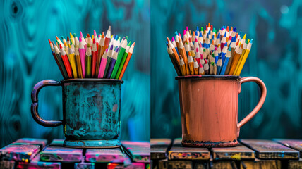 a photo of a mug full of colored pencils on a student's desk and positioned to the right - obrazy, fototapety, plakaty