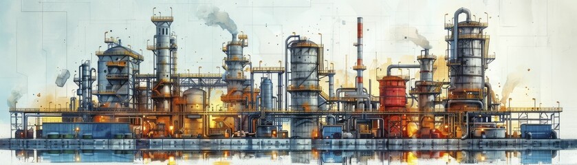 intricate workings of modern oil refinery machinery in detailed vector illustrations for tech industry analysis.