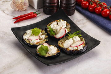 Grilled eggplant with cheese and radish