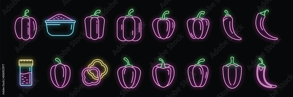 Canvas Prints paprica icons set outline vector. capsicum bell. chilli vegetable neon color on black